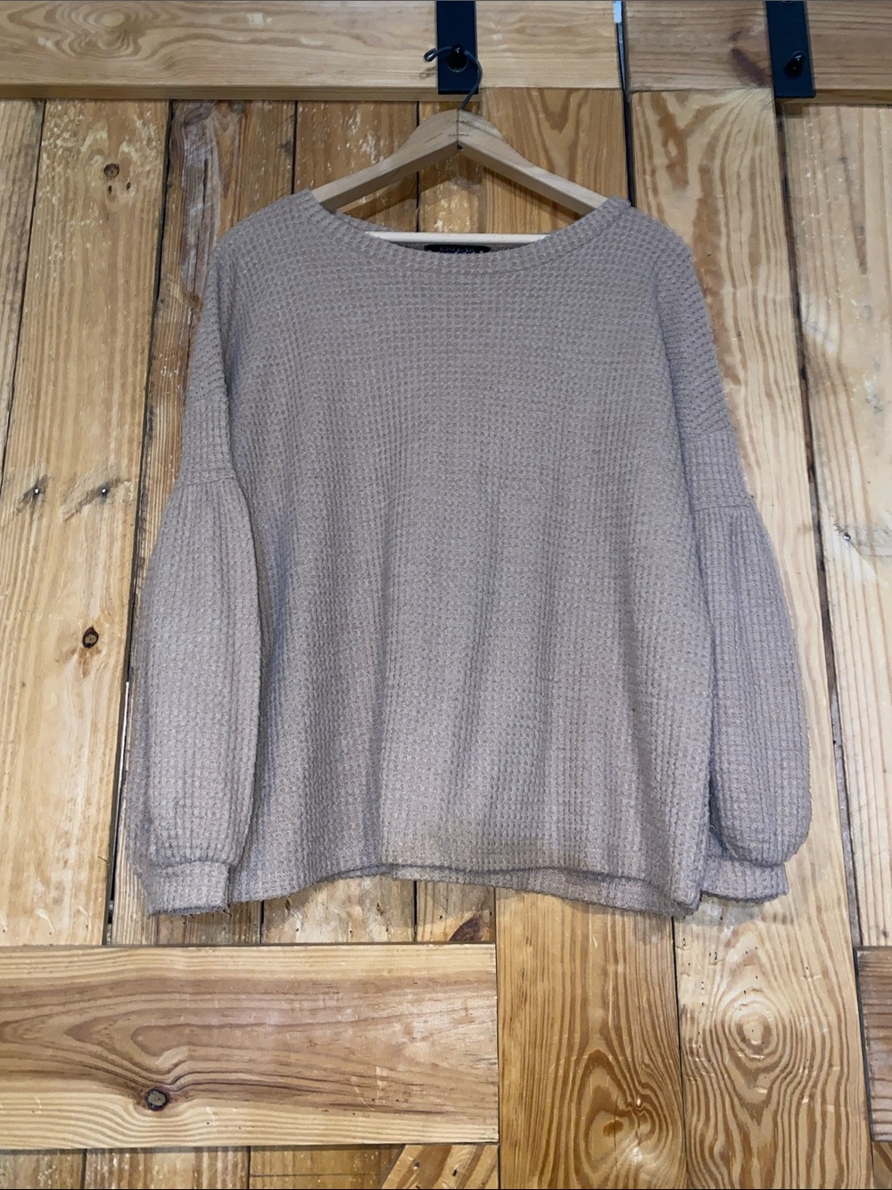 Cherish Taupe Waffle-Knit Balloon Sleeve Sweater